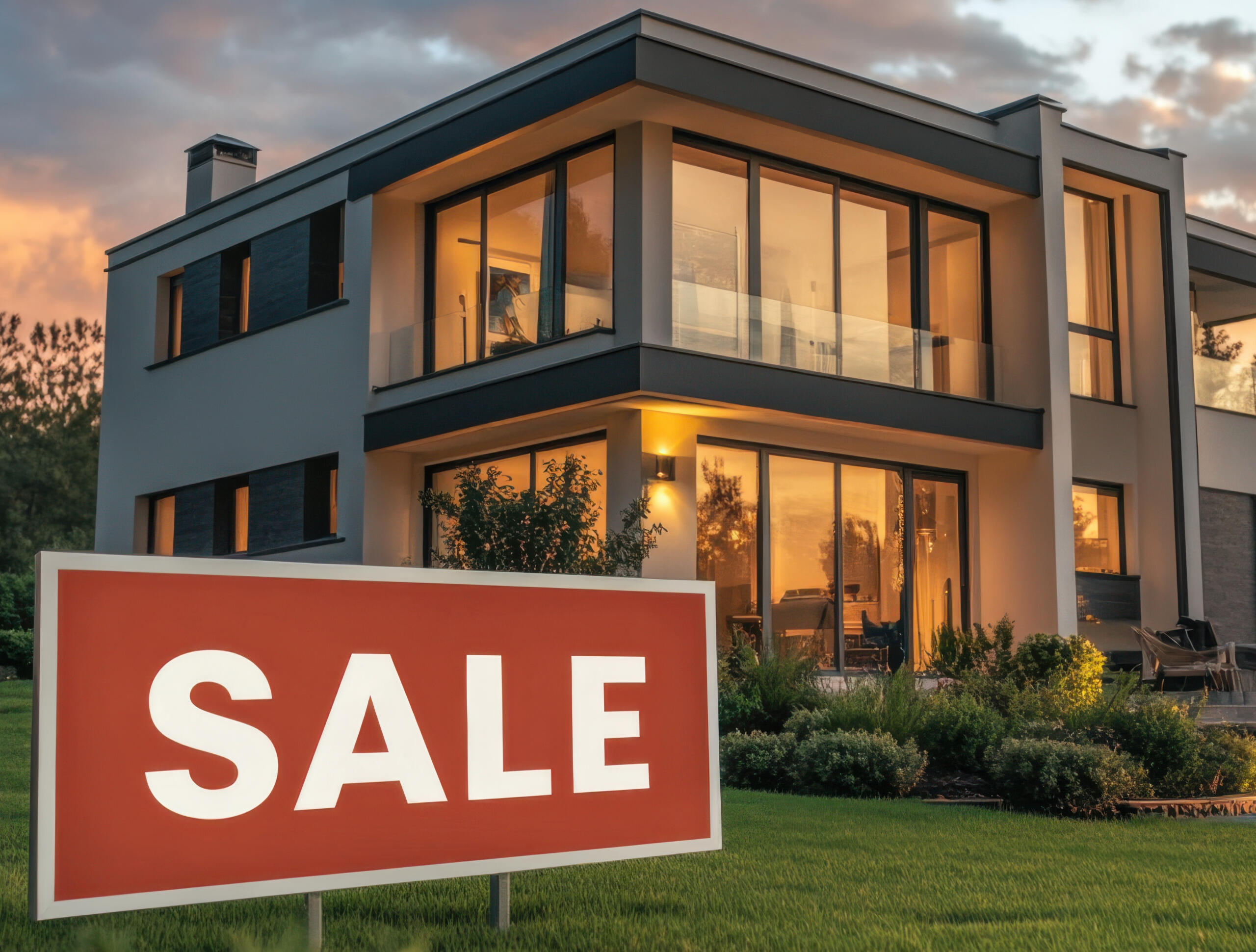 For sale sign in front of a modern house